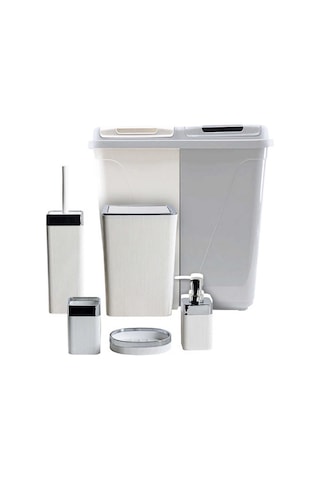 Violet Still Çamaşır Sepetli 6 Parça Kare Banyo Seti Beyaz - Gri