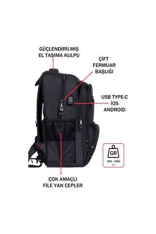 Dada 04 Siyah Laptop Sırt Çantası 14-15,6 İnç Usb Aparat Ortopedik Sırt Darbe Emici Koruma