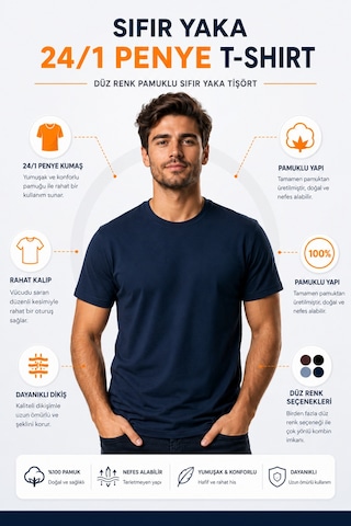 Luxıc Core Erkek Slim Fit Lacivert Bisiklet Yaka Pamuk Penye Günlük Rahat Basic Tişört