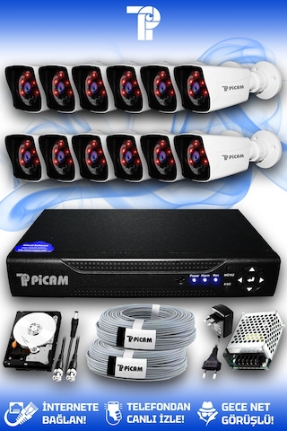 Picam 12 Kameralı Kare 12 Dış Kamera Set 320 GB HDD Full HD Gece Görüşlü Güvenlik Kamerası Sistemi