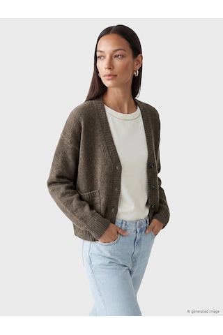 LC Waikiki Lcw Everyday Kahverengi V Yaka Kadın Triko Hırka Brown