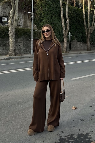 Kahverengi Fermuarlı Kapüşonlu Triko Takım - 0511 Vizon