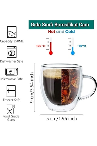 Main 2 Adet 250 Ml Çift Cidarlı Kulplu Cam Çay Kahve Süt Kupa Borosilikat Bardak Şeffaf