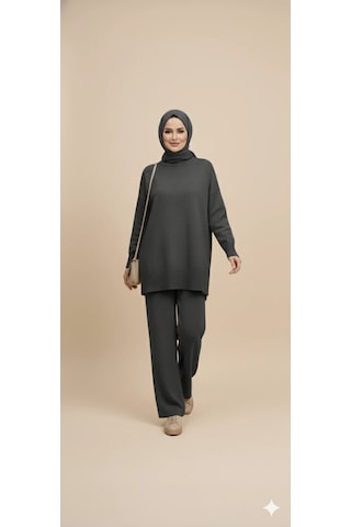 Triko Tunik Pantolon Tesettür Takım Antrasit