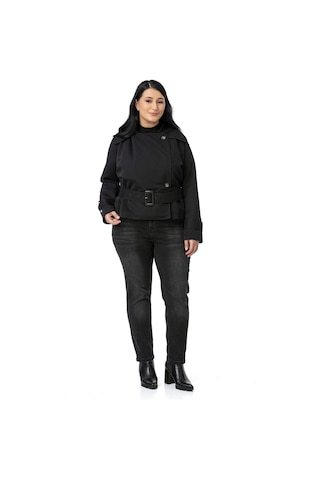 Büyük Beden Mono Yaka Kemerli Astarlı Kısa Siyah Trençkot Siyah