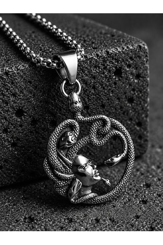 Antik Renk Paslanmaz Çelik Mitolojik Sanat, Özel Tasarım Yılan Figürlü Medusa Kolye Antrasit