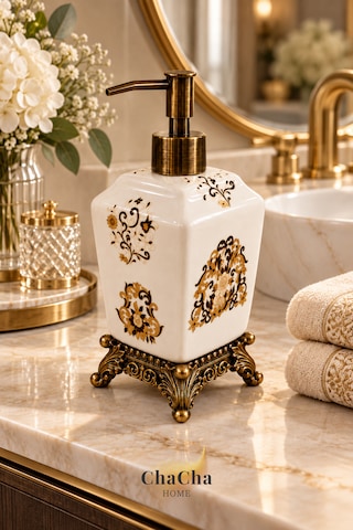 Chacha Home Aurelia Seramik Sıvı Sabunluk 470 Ml Antik Bronz Görünümlü Ayaklı Ve Pompalı 22 Cm Bej - Krem