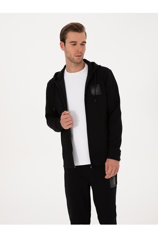 Siyah Regular Fit Pamuk Karışımlı Tam Fermuarlı Kapüşonlu Sweatshirt