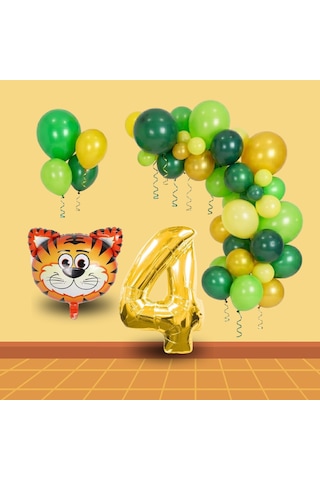 4 Yaş Safari Temalı Folyo Kaplan Yeşil Sarı Gold Balonlar Gold Rakam Doğum Günü Süsü Sarı - Yeşil