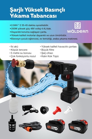 Waldern BSNARAC Araba Bahçe Sulama Şarjlı Yüksek Basınçlı Yıkama Tabancası