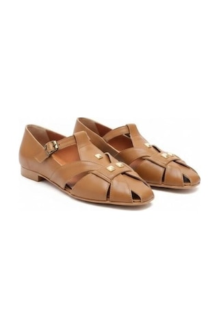 Ne&ve Shoes Taba Deri Aksesuar Detaylı Tokalı Kadın Sandalet
