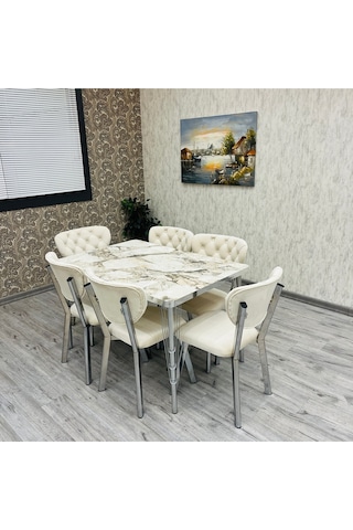Akuamarin Mutfak Yemek Masası Takımı- 6 Kişilik Mutfak Masa Sandalye Takımı- Mutfak Masası Takımı Gümüş Beyaz Mermer Krem