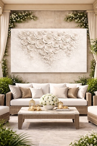 Güllü Kalp Tablo 3d Dokulu Beyaz Çiçek Duvar Dekoru, Modern Luxury Kanvas