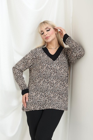 Bambu Viskon V Yaka Uzun Kollu Bluz Rahat Kalıp, Büyük Beden Xl 6xl Çıtır Leopar