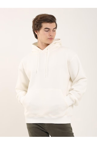 Dufy Erkek Oversize Düz Pamuklu Kapüşonlu Sweatshirt Ekru - 103712 Ekru
