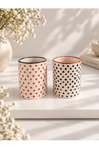 Benekli Seramik Espresso Fincan Set Kırmızı - Siyah