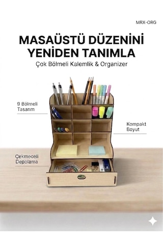 Mrx-org Masaüstü Organizer 9 Bölmeli Kalemlik, Çekmeceli Masa Düzenleyici, Ahşap Ofis Organizer Akçaağaç