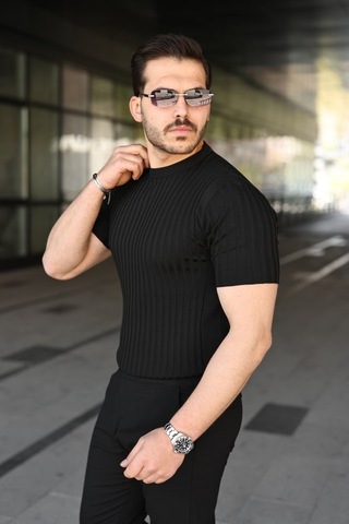 Veraura Lifestyle Erkek Fitilli Bisiklet Yaka Kısa Kollu Tişört Siyah
