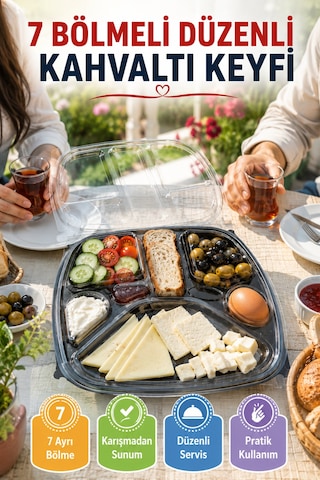 Tabldot 7 Bölmeli Kapaklı Kahvaltı Seti Pet Tek Kullanımlık Piknik Ofis Brunch Servis Kabı 29,5cm Xl Siyah