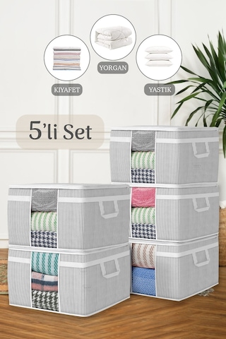 5'li Maxi Pencereli Baza Altı Hurç - Çekyat Baza Tipi Yastık Kıyafet Saklama Hurcu 45 X 40 X 30 Cm Gri