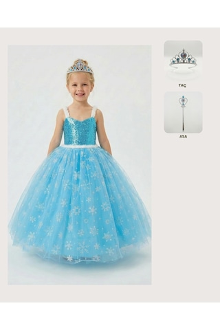 Butikhappykids Frozen Elsa Kostümü Askılı Kız Çocuk Prenses Elbisesi Taç Ve Asa Hediyeli Mavi