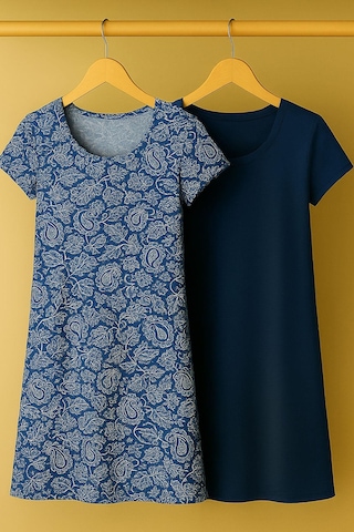 2 Adet Dökümlü Rahat Kalıp Günlük Penye Kumaş Elbise İndigo-lacivert