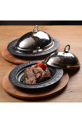 Lava Döküm Oval Döner. Kebap Tabağı. Ahşap Altlıklı. Ölçü 28x20cm