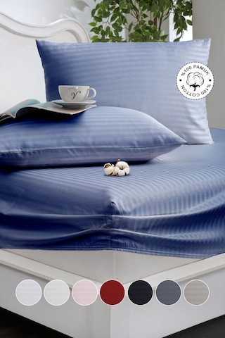 %100 Pamuk Çizgili Saten Tek / Çift Kişilik Lastikli Çarşaf Seti 100x200 120x200 160x200 180x200 Gece Mavisi