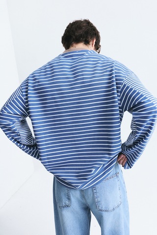 Vamos Kontrast Yaka Çizgili Sweatshirt Ekru-ındigo