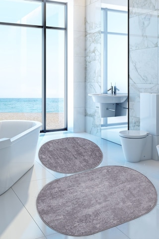 Nova Gri Oval 2'li Banyo Paspası Seti Kaymaz 60 x 100 + 50 x 60 CM Gri