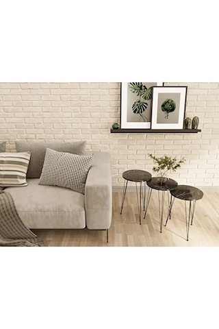 Zigon Sehpa 3'lü Yuvarlak Siyah Tel Ayaklı Siyah Mermer