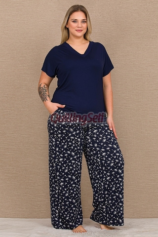 Lady Lacivert Renk, 11066 Pamuklu Büyük Beden Geniş Paça Anne Pijama Takımı Lacivert - Beyaz