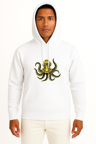 Bahriyeli Collection Kapüşonlu Steampunk Octopus Dalgıç Başlığı Göğüs Ve Sırt Baskılı Unisex Sweatshirt Beyaz