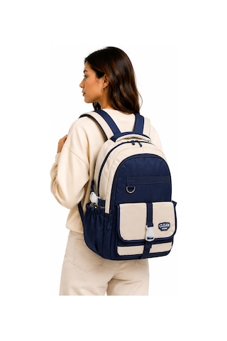 26012 Çok Bölmeli Bej-lacivert Okul Sırt Çantası Unisex Okul Çantası