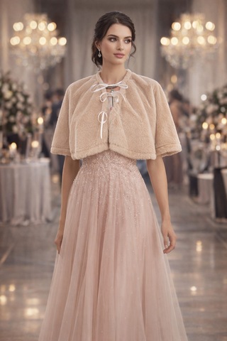 Bizizmoda Lüks Tilki Tüğ Görünümlü Abiye Üzeri Peluş Kürk Etol Pelerin Bolero Bej