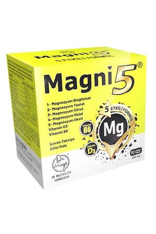 Magni5 Magnezyum 5 Etkili Form 3 Aylık 90 Kapsül B6 D3 Vitamini Bisglisinat Malat Taurat Sitrat Oksit