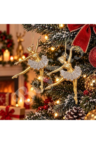 Yılbaşı Ağacı Süsü Gold Simli Balerin 2li 14 Cm