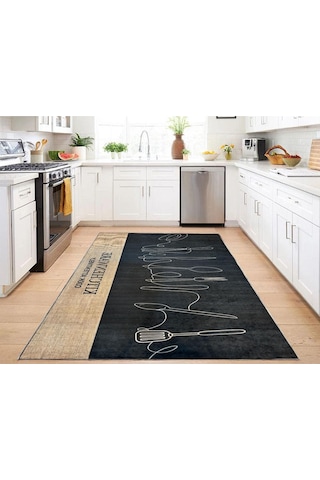 Mutfak Halısı Kitchen Yazılı Siyah Dijital Baskılı Kaymaz Taban Yıkanabilir Mutfak Halı