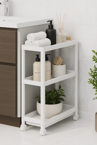 Flex Elite Pro 3 Katlı Beyaz Tekerlekli Çok Amaçlı Raf Ünitesi Banyo, Mutfak & Organizer - S-75 Beyaz