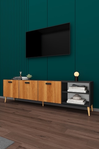 Asra Trend Tv Ünitesi T-22 %100 MDF 200 cm Büyük Boy Tv Sehpası Dolaplı Raflı Petra-Koyu Gri