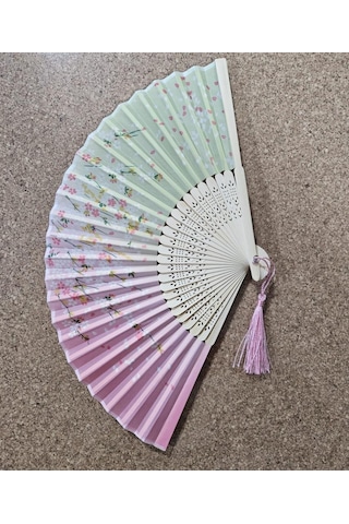 Beluga Yelpaze Bambu Kumaş Serinletici Vintage Şık Dekorasyon Pembe/yeşil Püsküllü Japon Yelpaze 0280