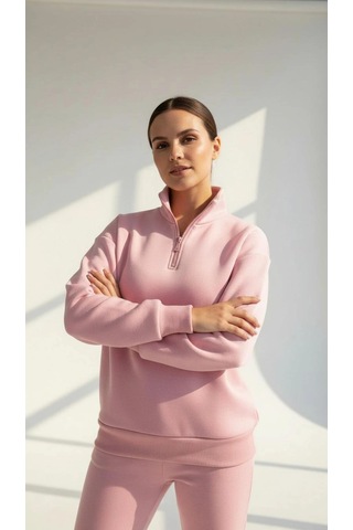 Kazax 3 İplik Şardonlu Yarım Fermuarlı Sweatshirt Somon Somon