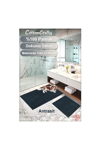 Cottoncrafty %100 Pamuk Dokuma Su Emici Banyo Paspas Seti, Banyo Halısı Vera 2 Li Set 60x100-60x50 Antrasit Diğer