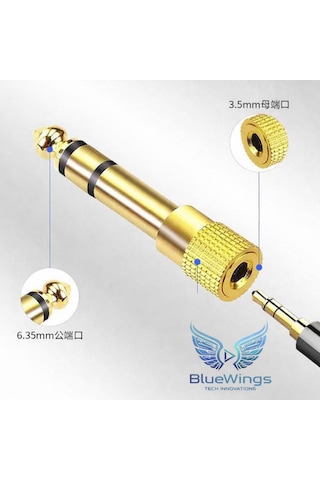 Blue Wings 6.35mm 3.5mm Jack Dönüştürücü Adaptör Altın Kaplama Amfi, Mikrofon, Kulaklık Uyumlu 5 Adet