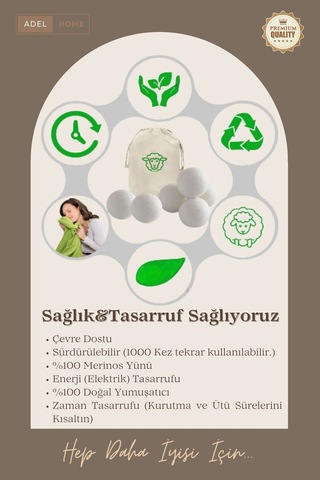 %100 Yün Kurutma Topları 6'lı Paket + Keten Saklama Torbası