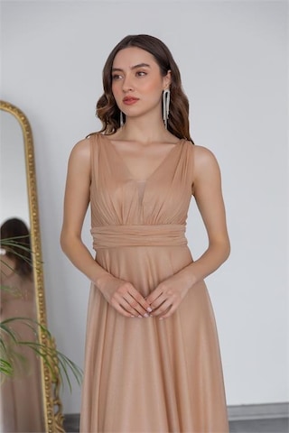 Dipmoda Kadın Gold Drapeli Tül Abiye Elbise Dp2030 Sarı