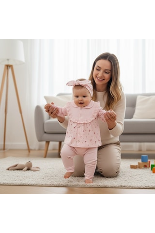 Ürünya Kız Bebek Uzun Kollu Desenli Bandanalı 3'lü Takım Pembe