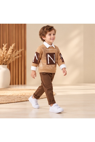 Maxx Kelın Erkek Çocuk Kahverengi Desenli Triko Kazak Gömlek Ve Pantolon 3'lü Takım 2-5 Yaş