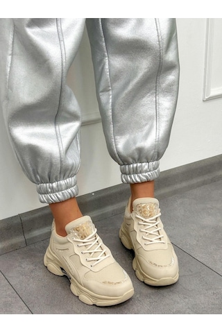 Erva'nın Butiği Bej Cilt Leo Leopar Detaylı Kadın Bağcıklı Sneakers-5201