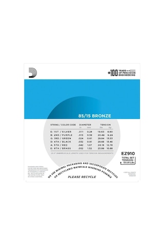 Daddarıo Ez910 Akustik Gitar Tel Seti, 85/15 Bronze, Lıght Ga